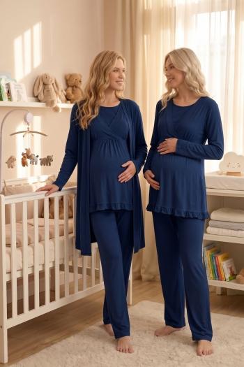 Lacivert Kruvaze Sade Uzun Kollu Sabahlıklı Lohusa Pijama Takımı - 651